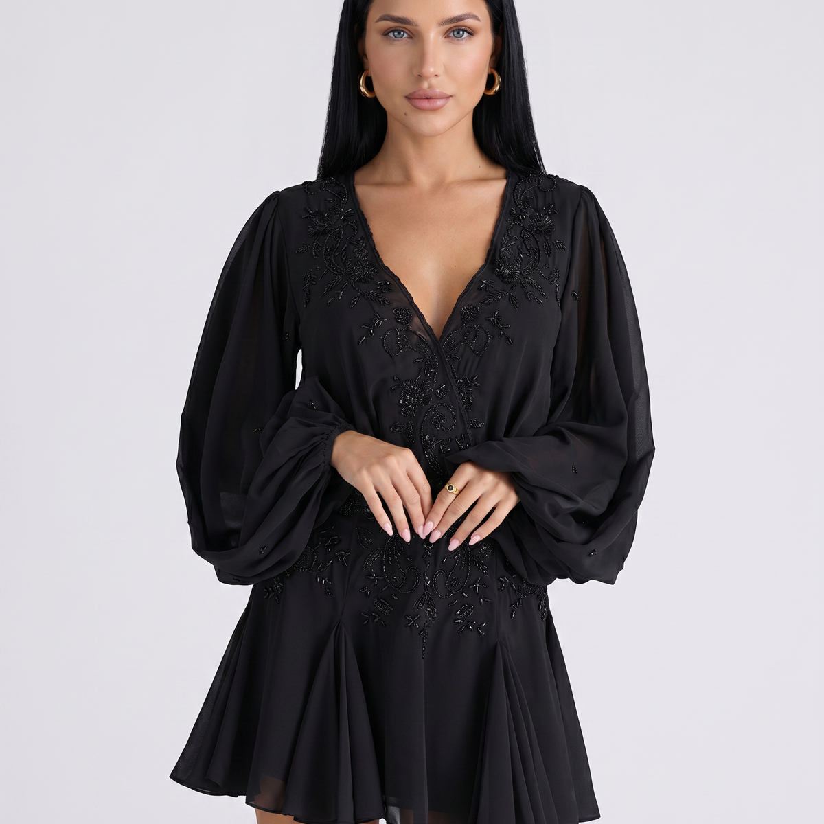 Celia | Beaded Mini Dress with Sheer Sleeves