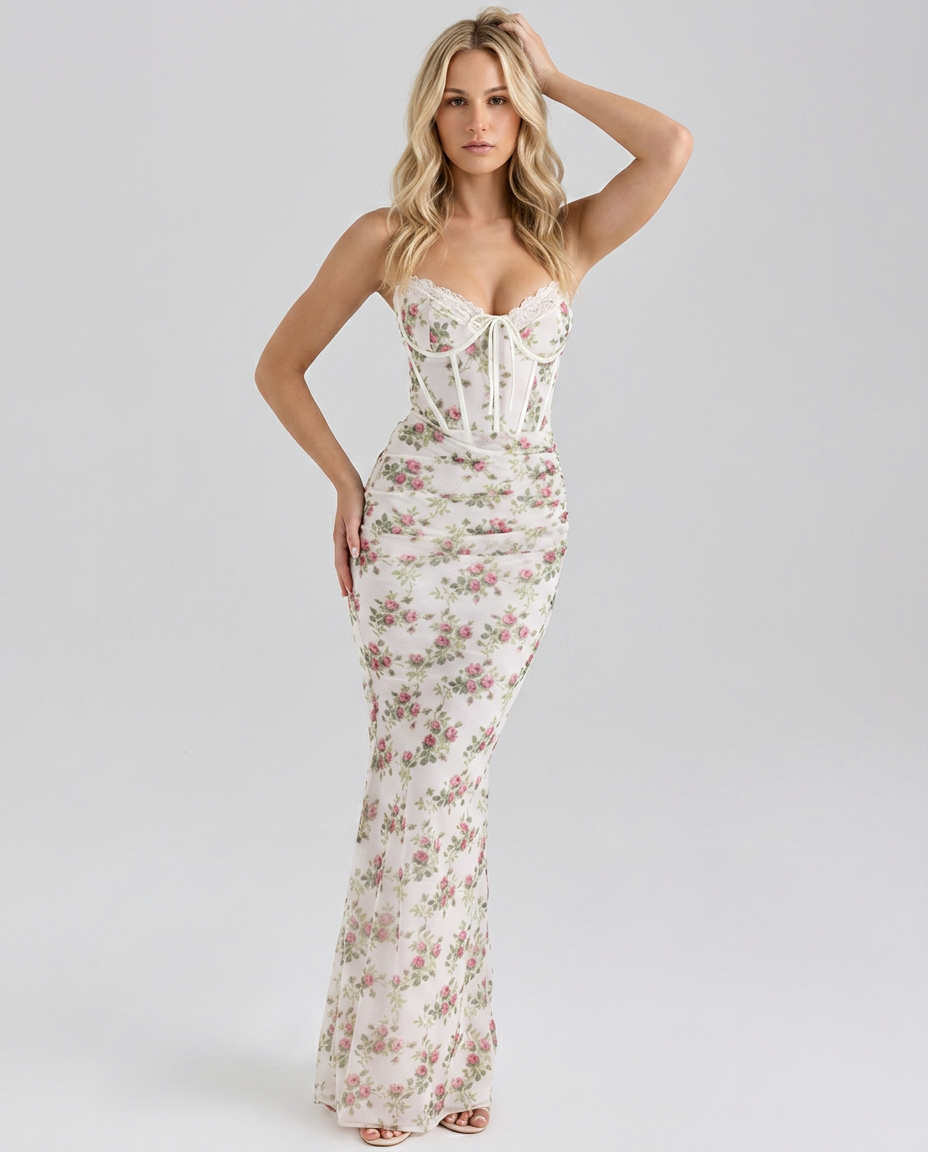 Hillary | Printed Mesh Maxi Dress with Corset Bodice