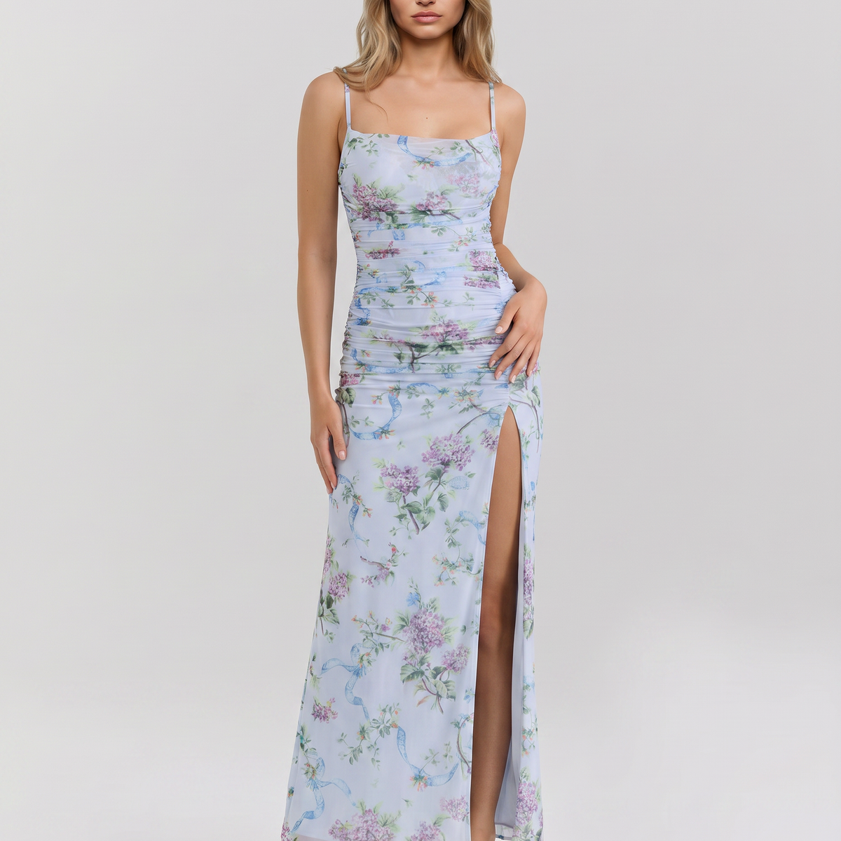 Lidia | Maxi Dress with Side Split and Ruched Mesh