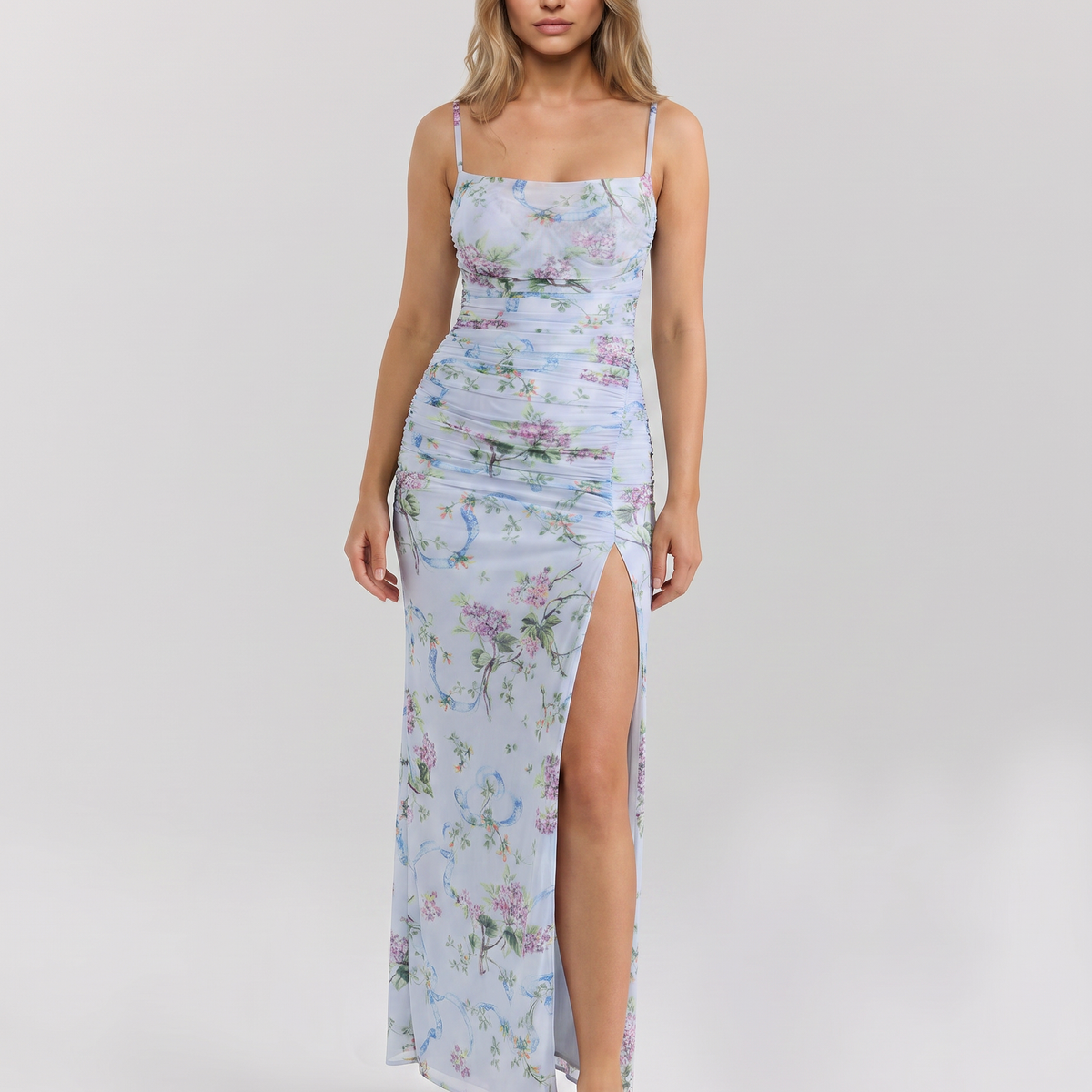 Lidia | Maxi Dress with Side Split and Ruched Mesh