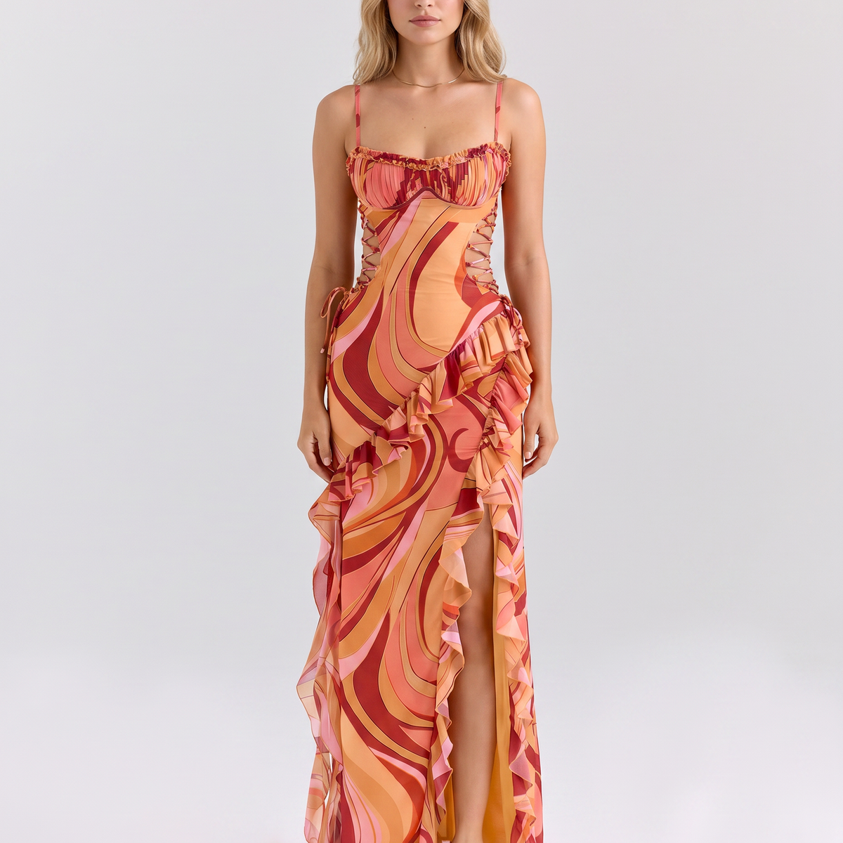Milena | Maxi Dress with Cut-Out Sides and Ruffle Detail