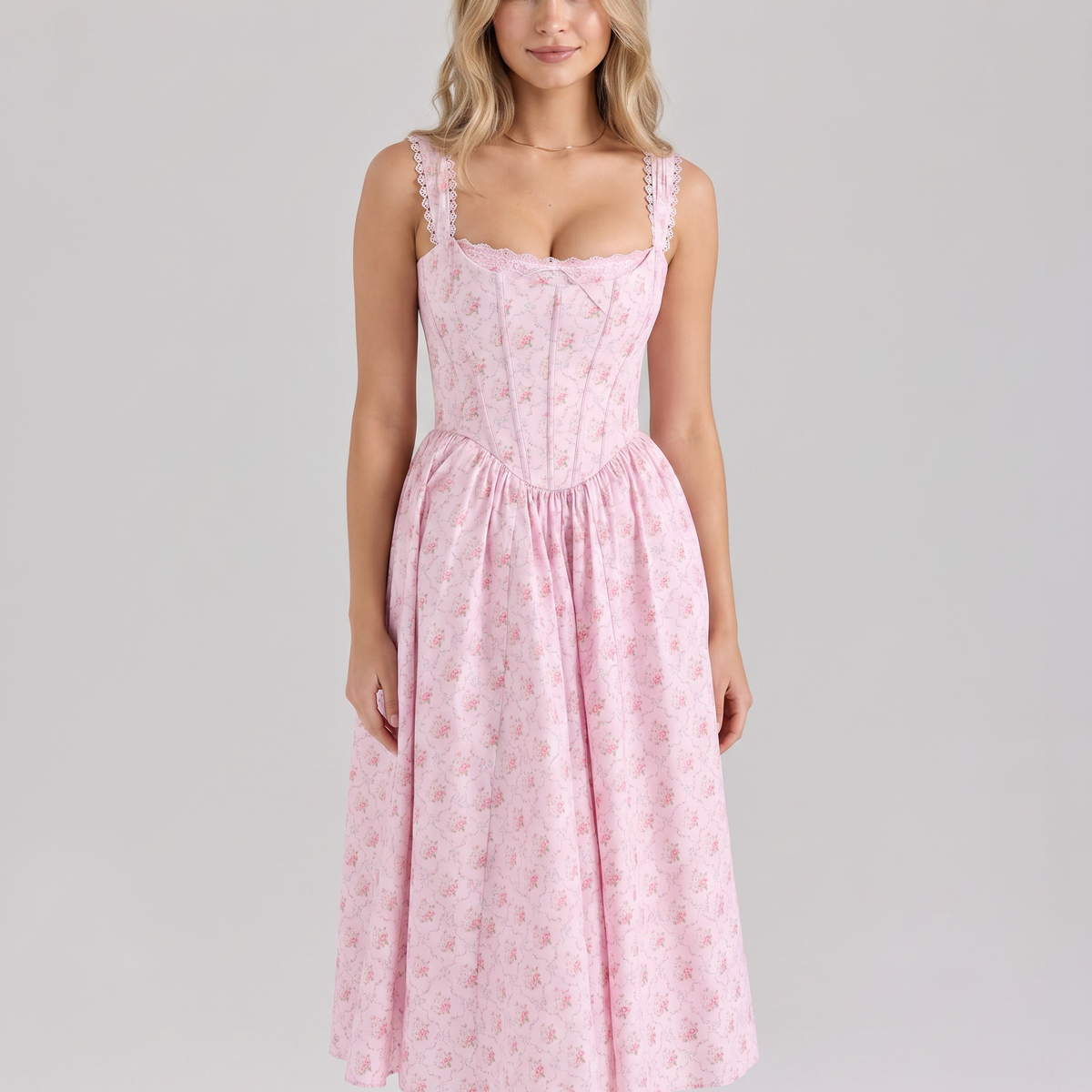 Suzy | Midi Dress with Floral Print and Corset Bodice