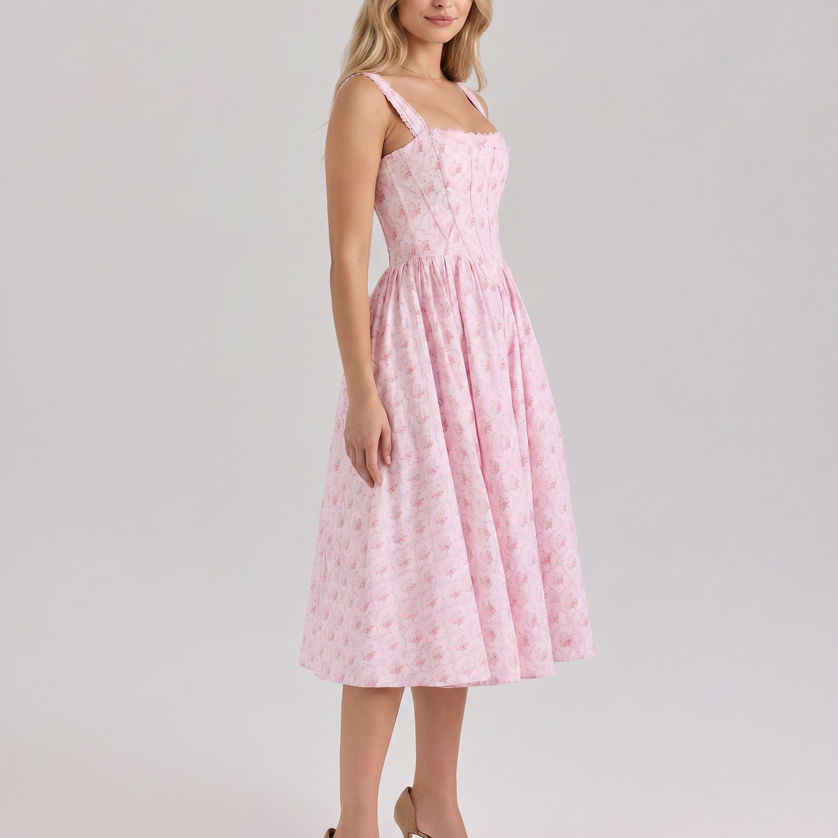 Suzy | Midi Dress with Floral Print and Corset Bodice