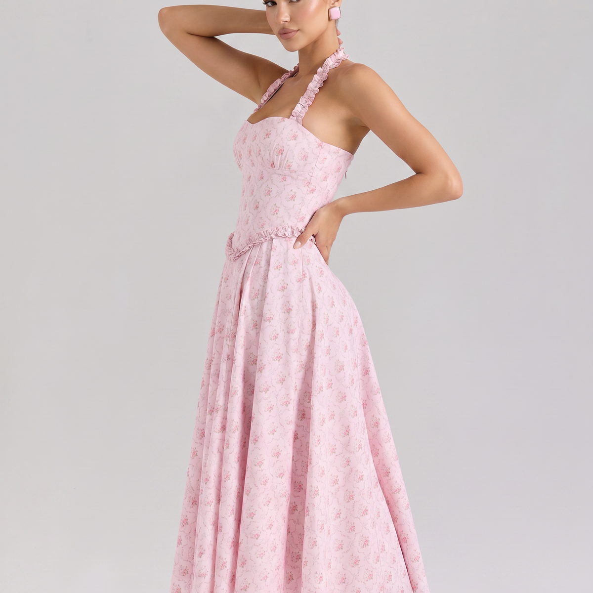Amelia | Midi Dress with Halter Neck and Corset Bodice
