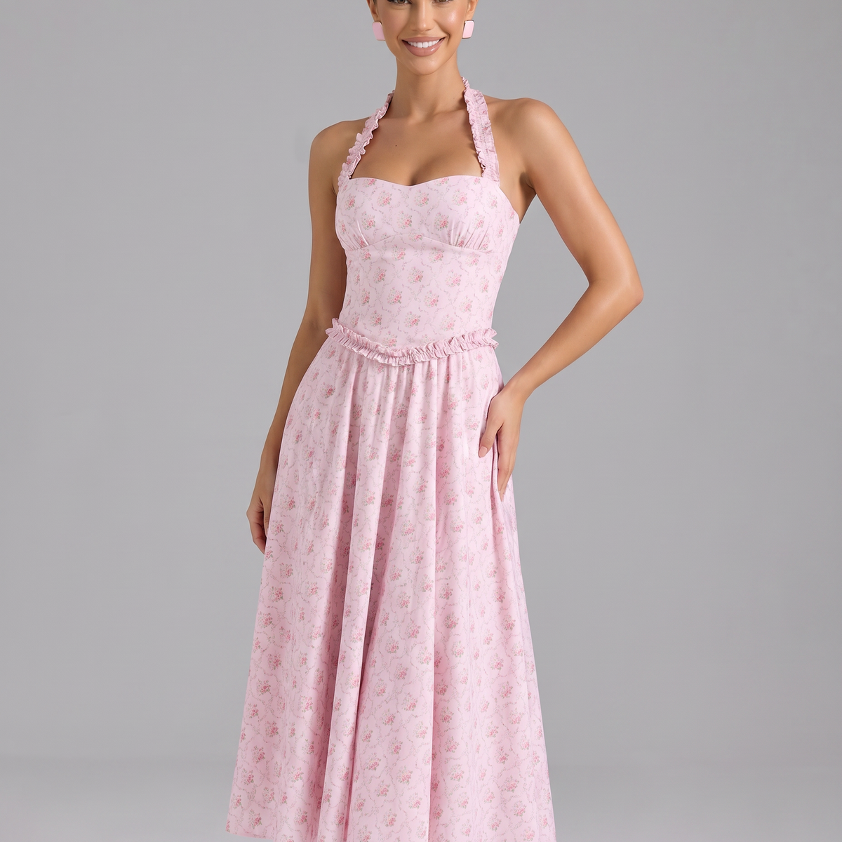 Amelia | Midi Dress with Halter Neck and Corset Bodice