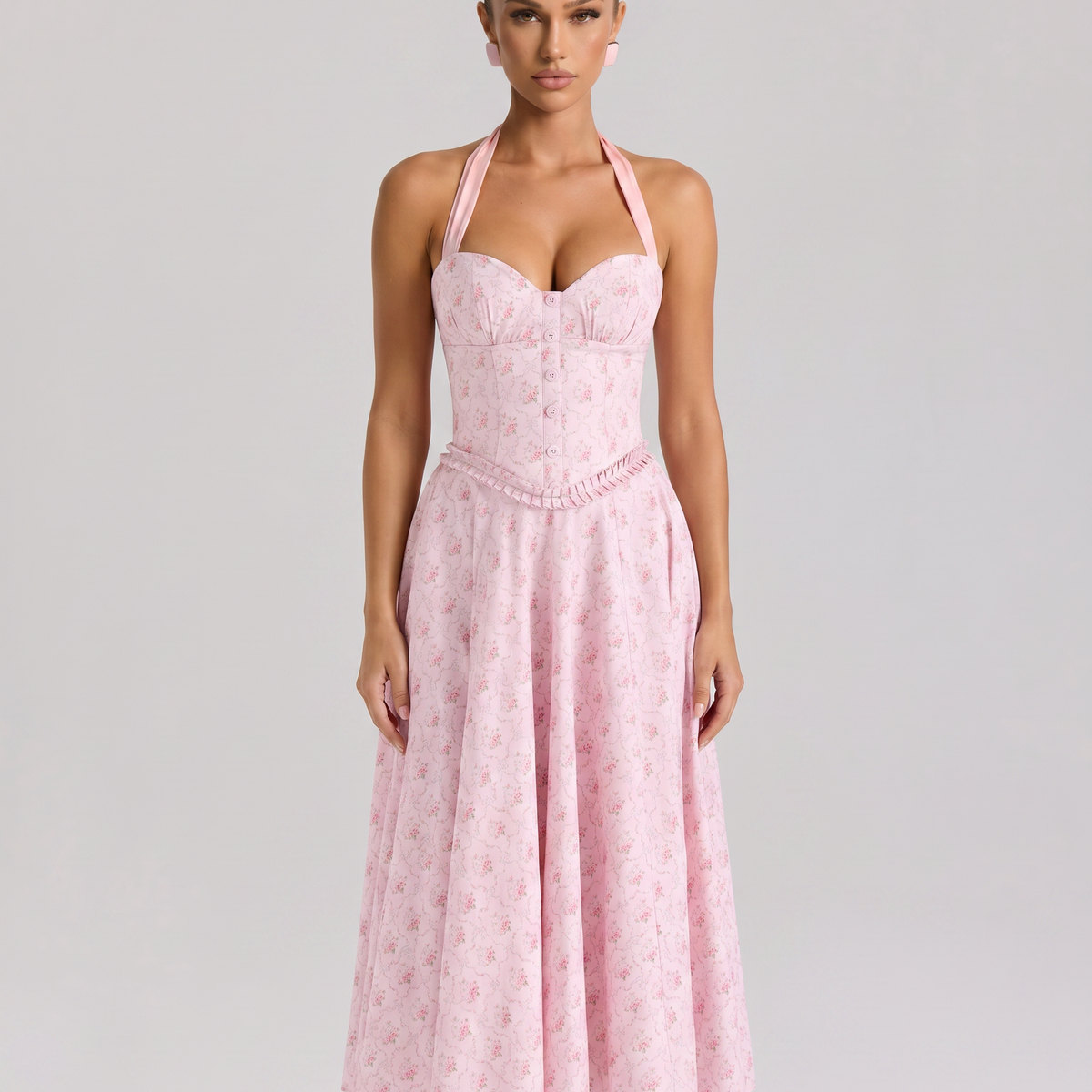Amelia | Midi Dress with Halter Neck and Corset Bodice