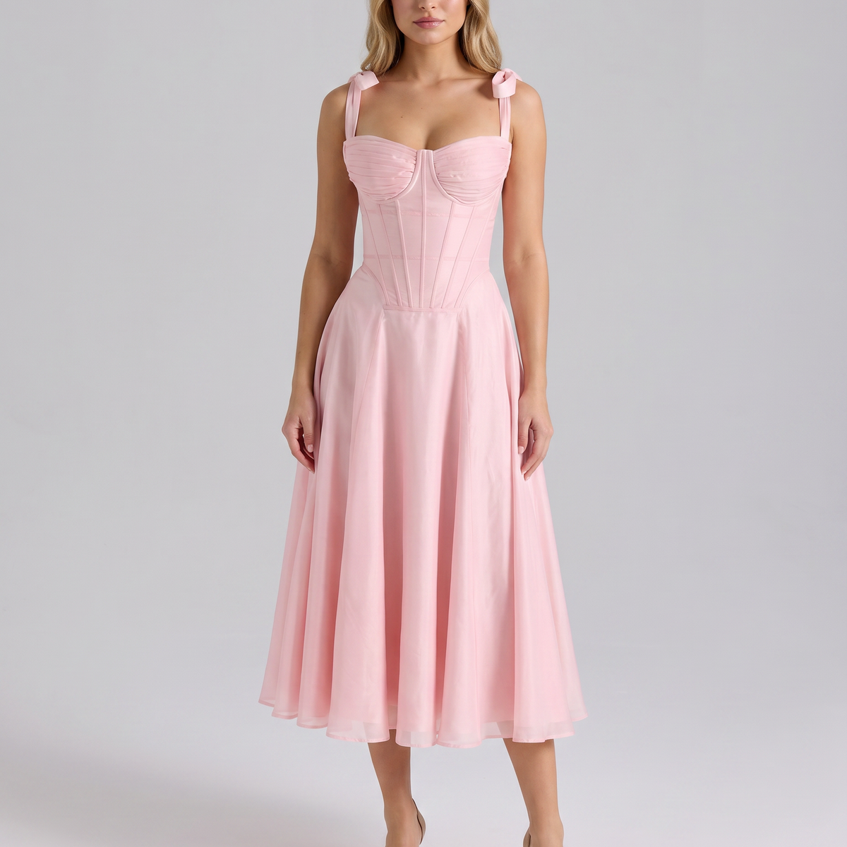 Calliope | Midi Dress with Tie Straps and Corset Waist