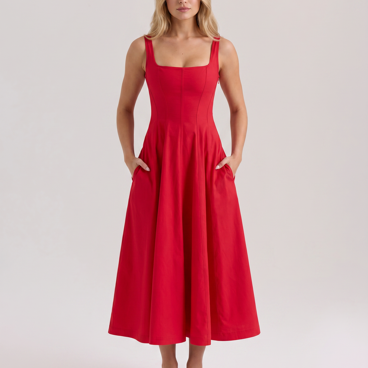 Bronwyn | Midi Sundress with Square Neck and Lace-Up Back