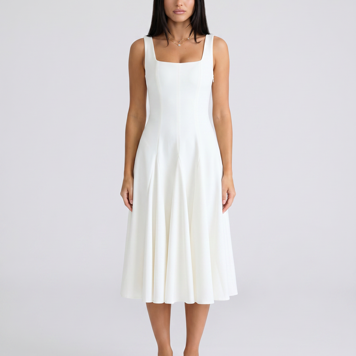 Calantha | Midi Dress with Square Neck and Cap Sleeves
