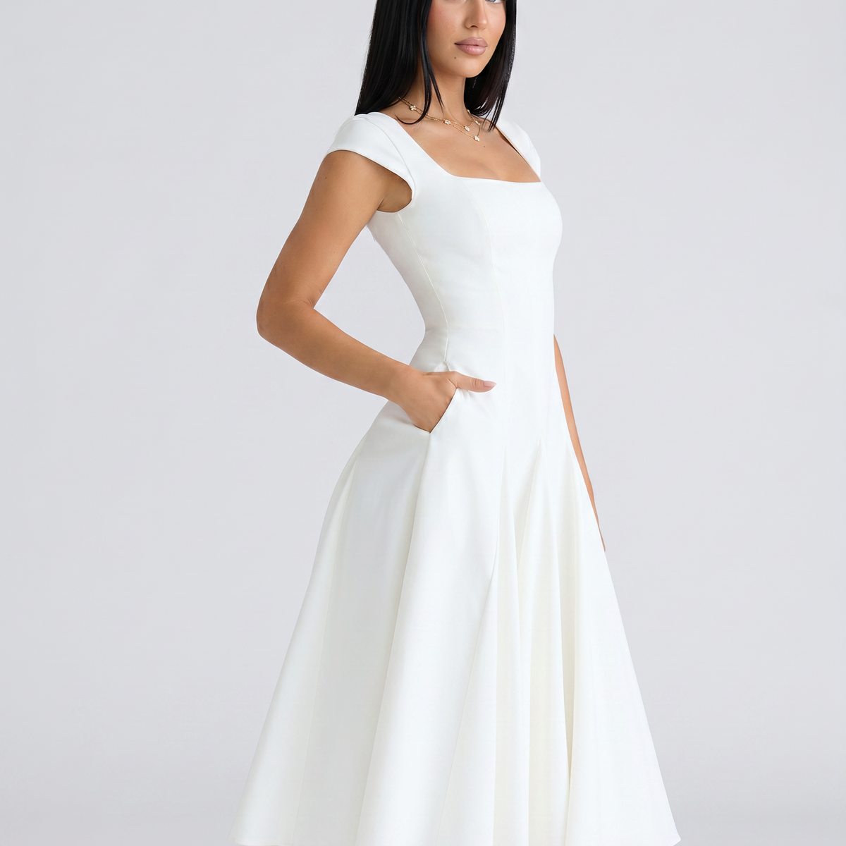 Calantha | Midi Dress with Square Neck and Cap Sleeves
