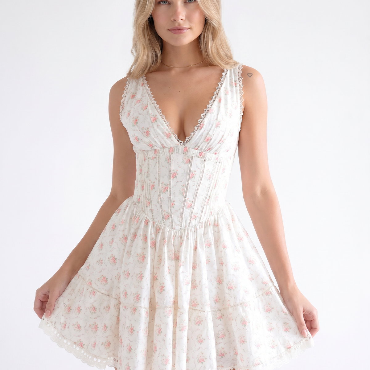 Phoebe | Mini Dress with Floral Print and Lace Trim