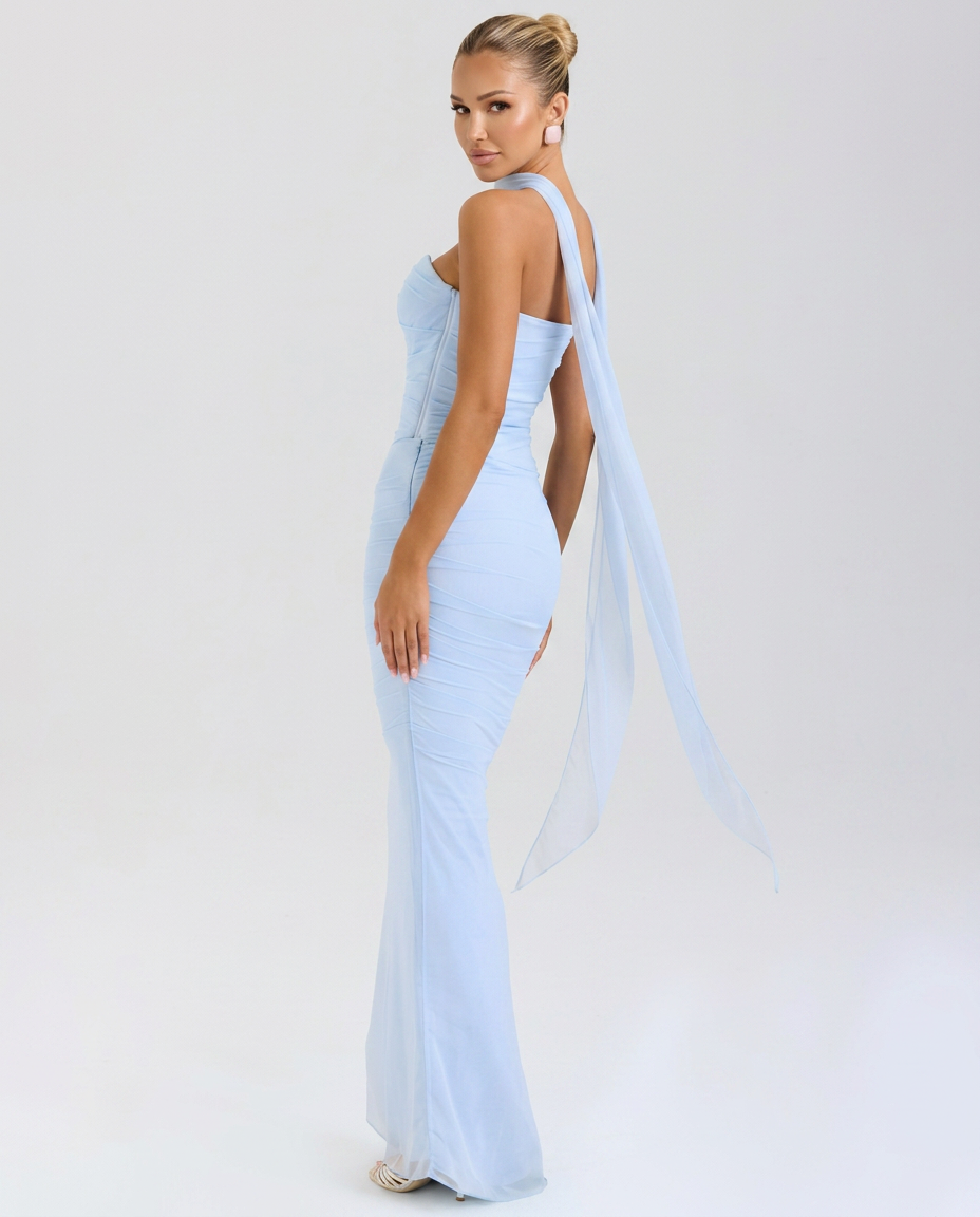 Helen | Strapless Maxi Dress with Corset Bodice and Neck Scarf