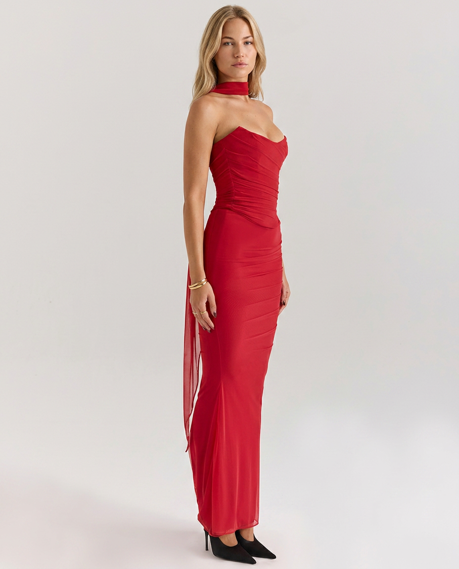 Helen | Strapless Maxi Dress with Corset Bodice and Neck Scarf