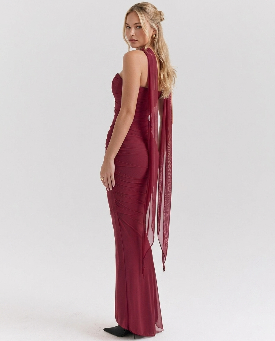 Helen | Strapless Maxi Dress with Corset Bodice and Neck Scarf