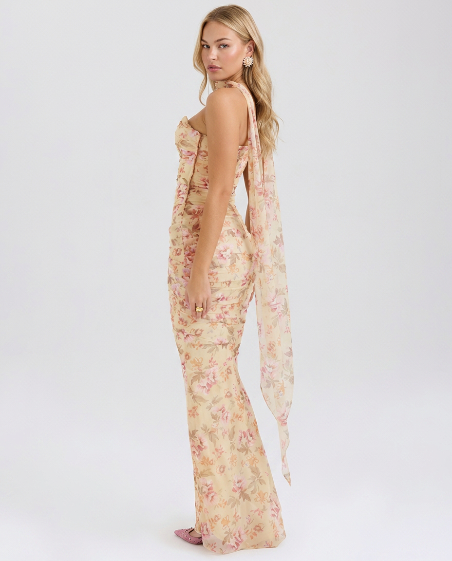 Helen | Strapless Maxi Dress with Corset Bodice and Neck Scarf