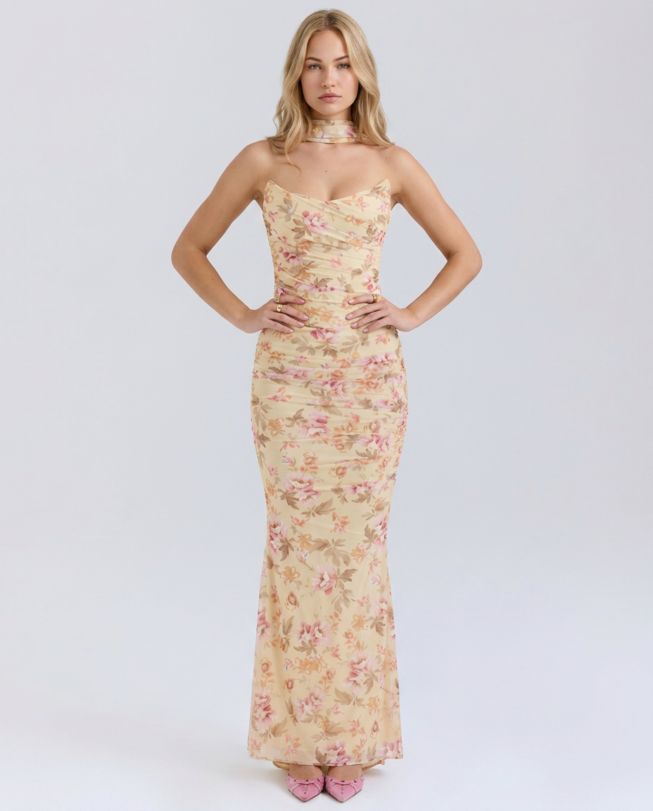 Helen | Strapless Maxi Dress with Corset Bodice and Neck Scarf