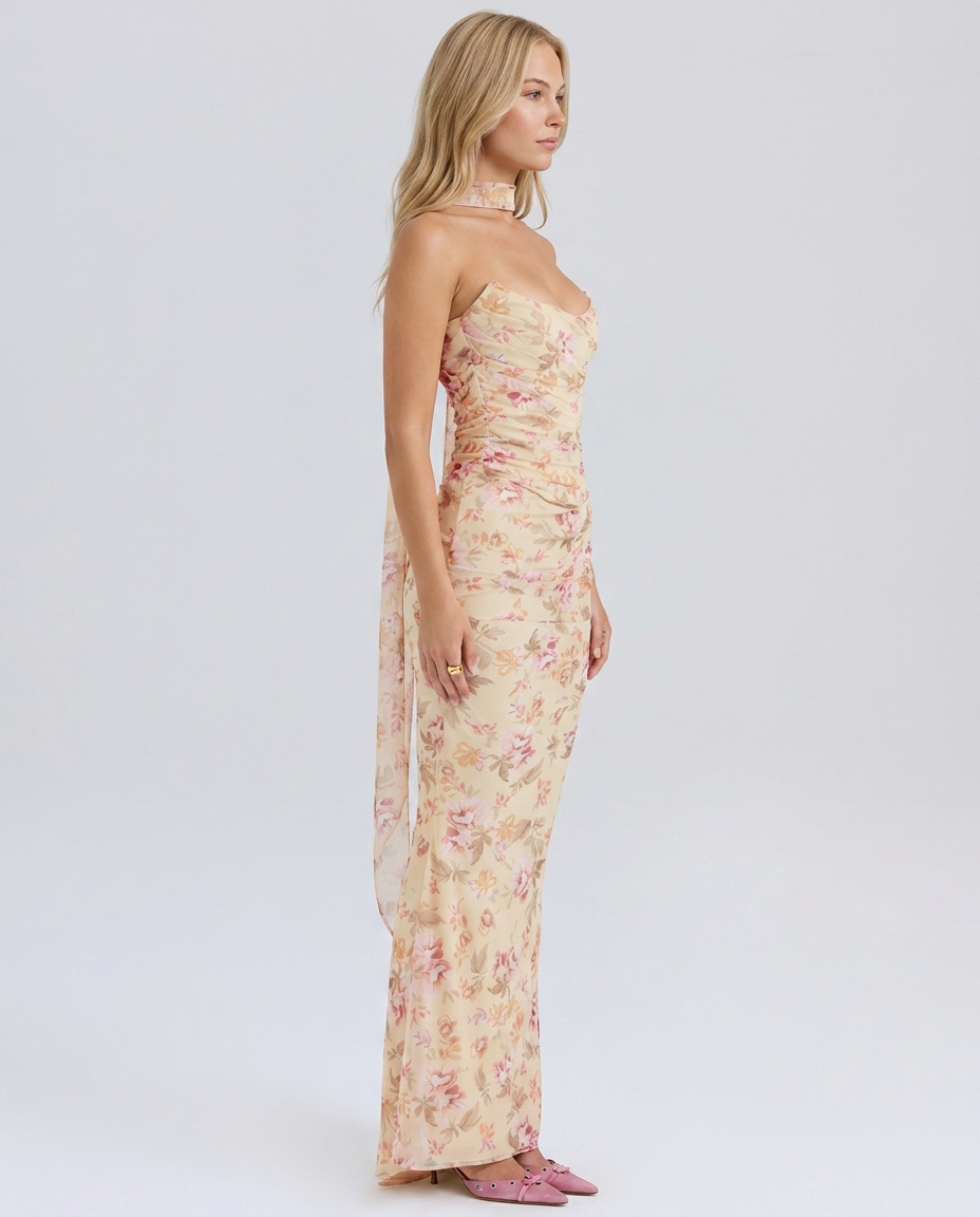 Helen | Strapless Maxi Dress with Corset Bodice and Neck Scarf