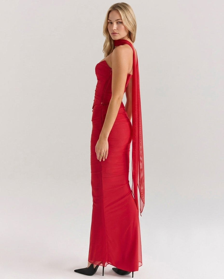 Helen | Strapless Maxi Dress with Corset Bodice and Neck Scarf