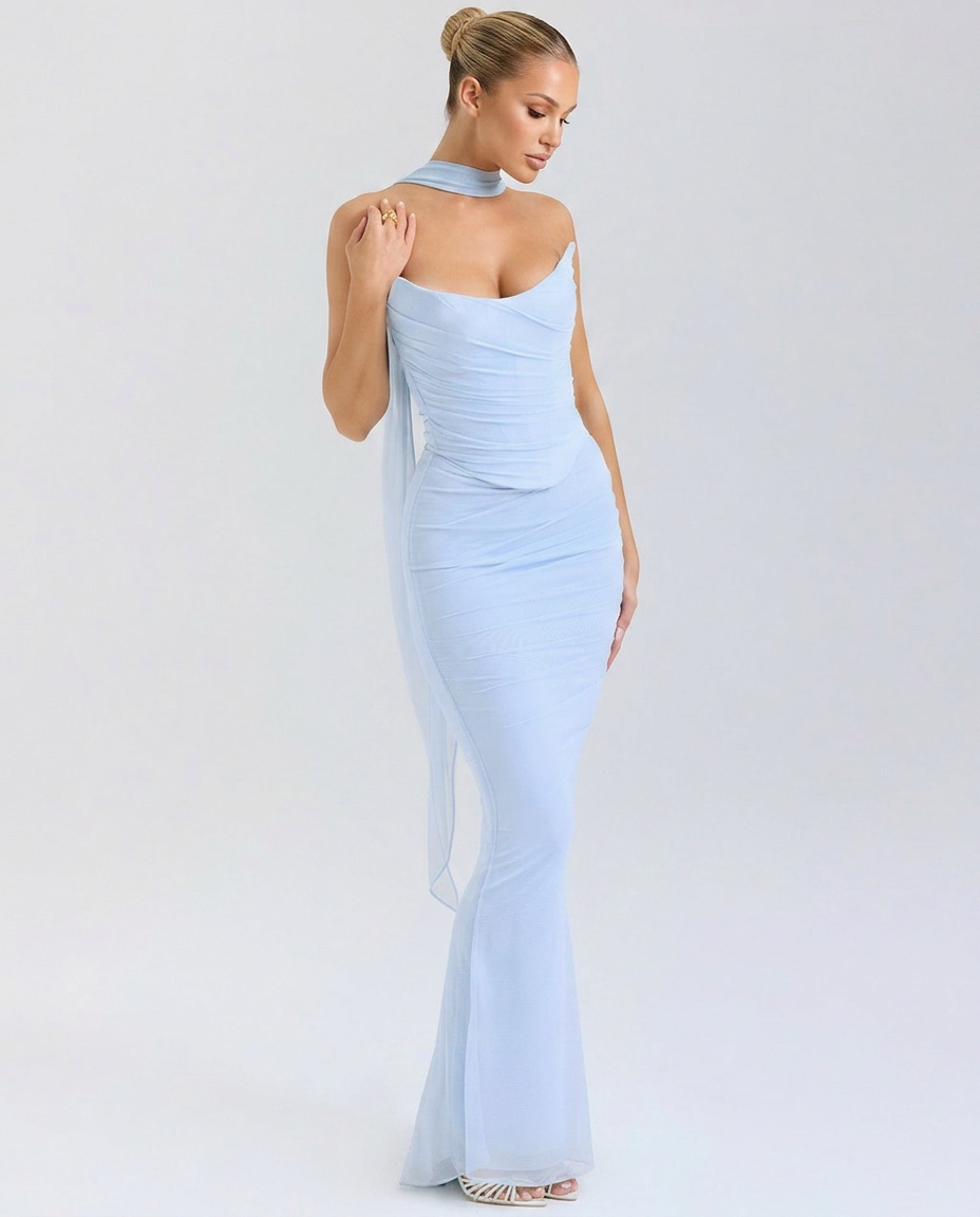 Helen | Strapless Maxi Dress with Corset Bodice and Neck Scarf