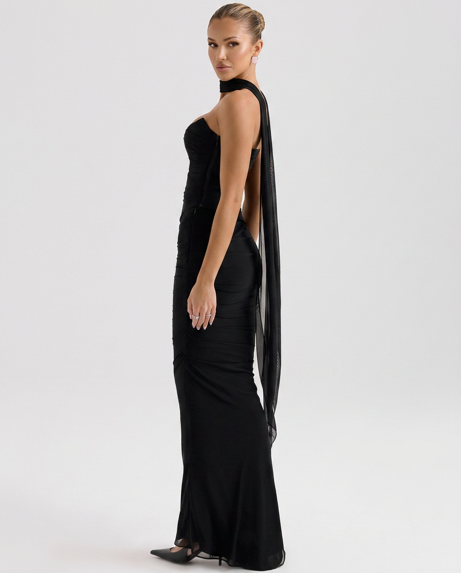 Helen | Strapless Maxi Dress with Corset Bodice and Neck Scarf