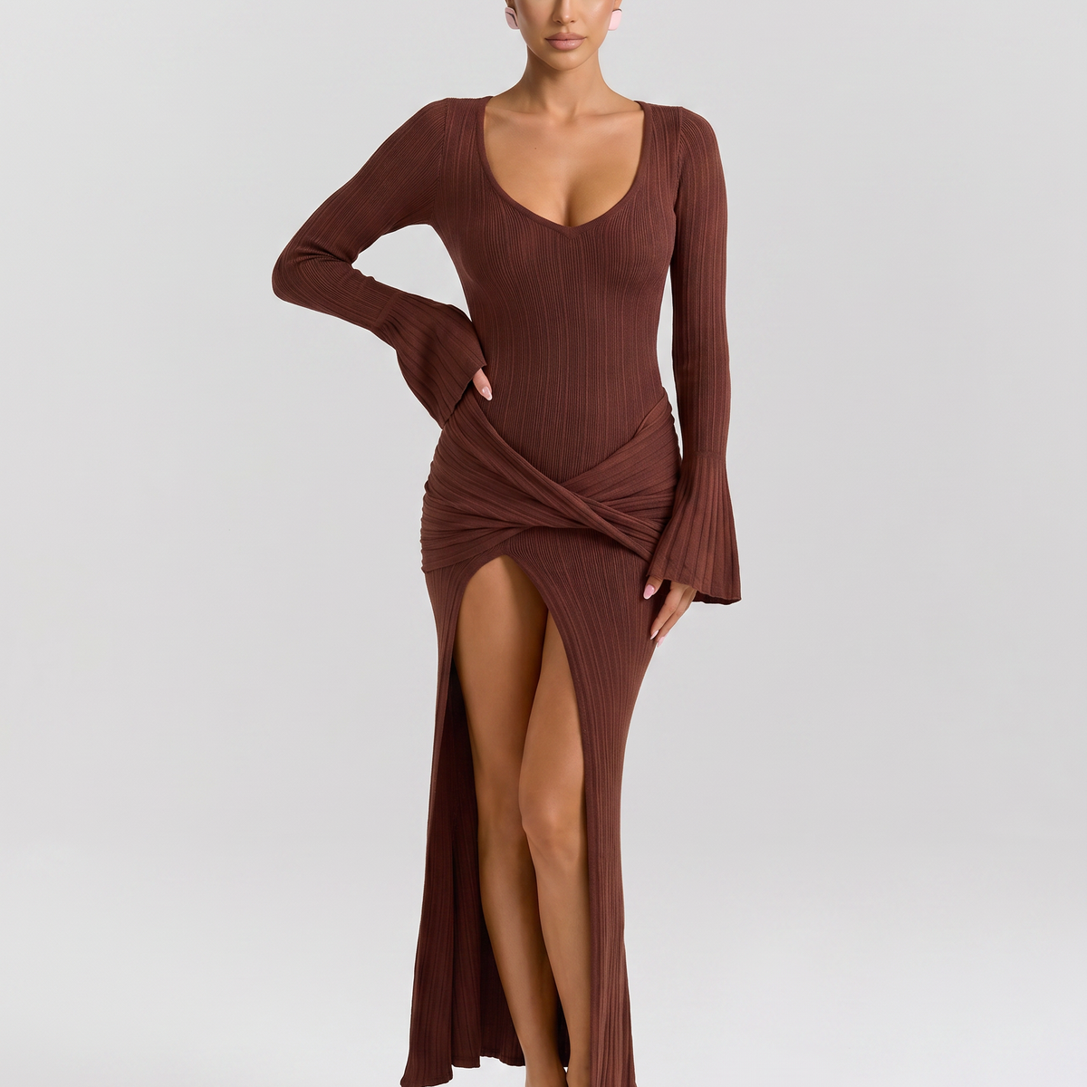 Joan | Long Sleeve Maxi Dress with Draped Twist at Waist