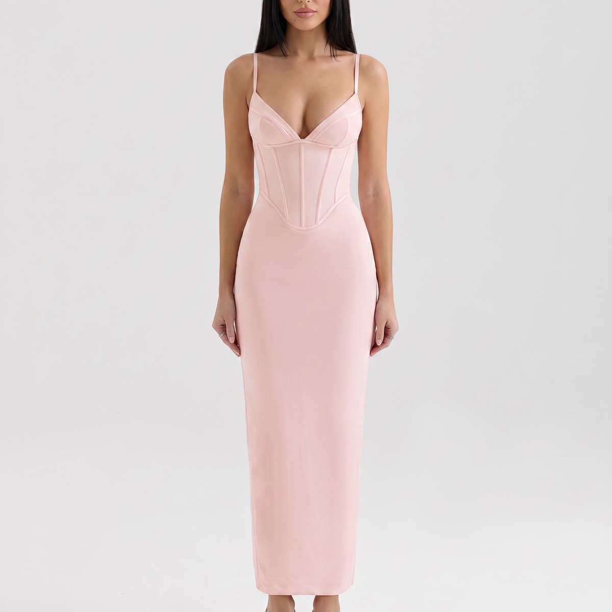 Romola | Mesh Maxi Dress with Corset Bodice and Lace-Up Back