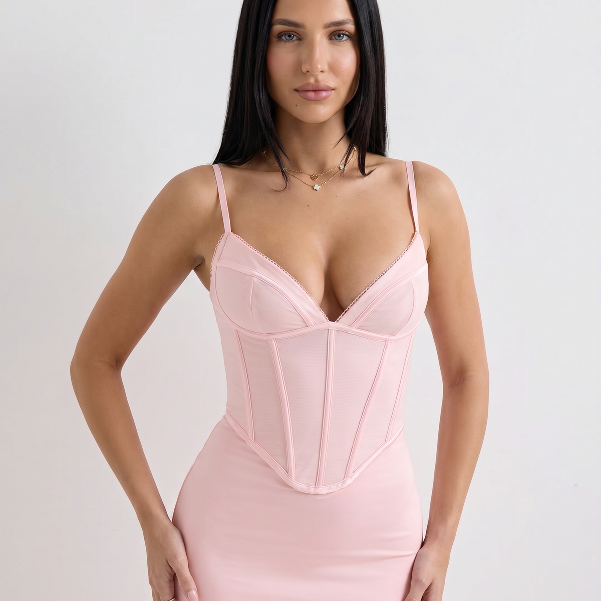 Romola | Mesh Maxi Dress with Corset Bodice and Lace-Up Back