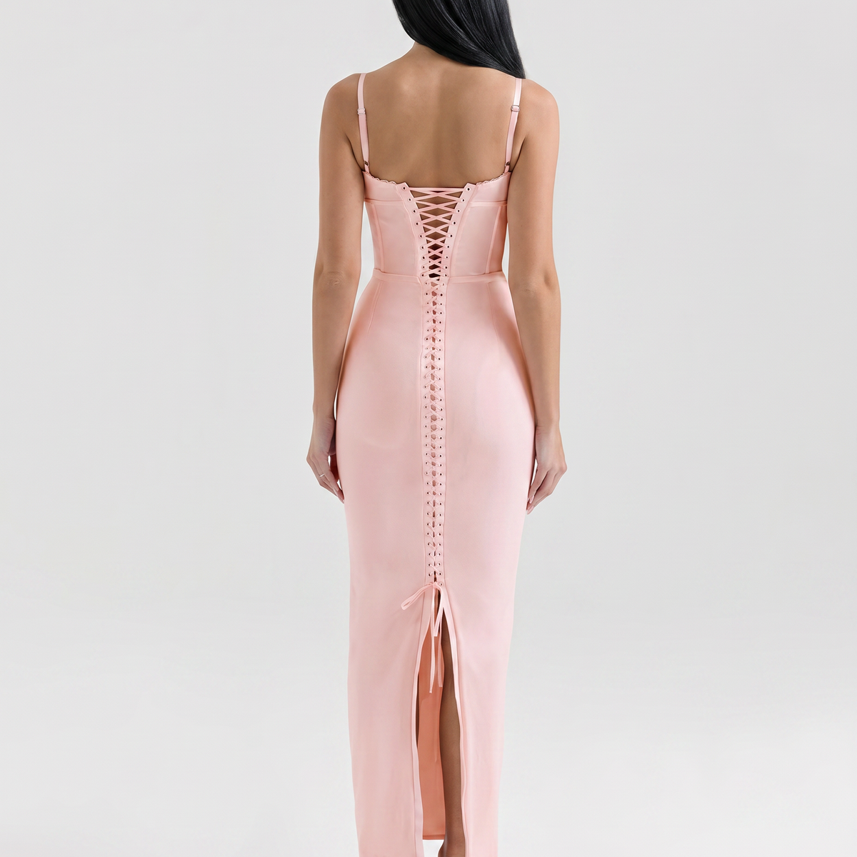 Romola | Mesh Maxi Dress with Corset Bodice and Lace-Up Back