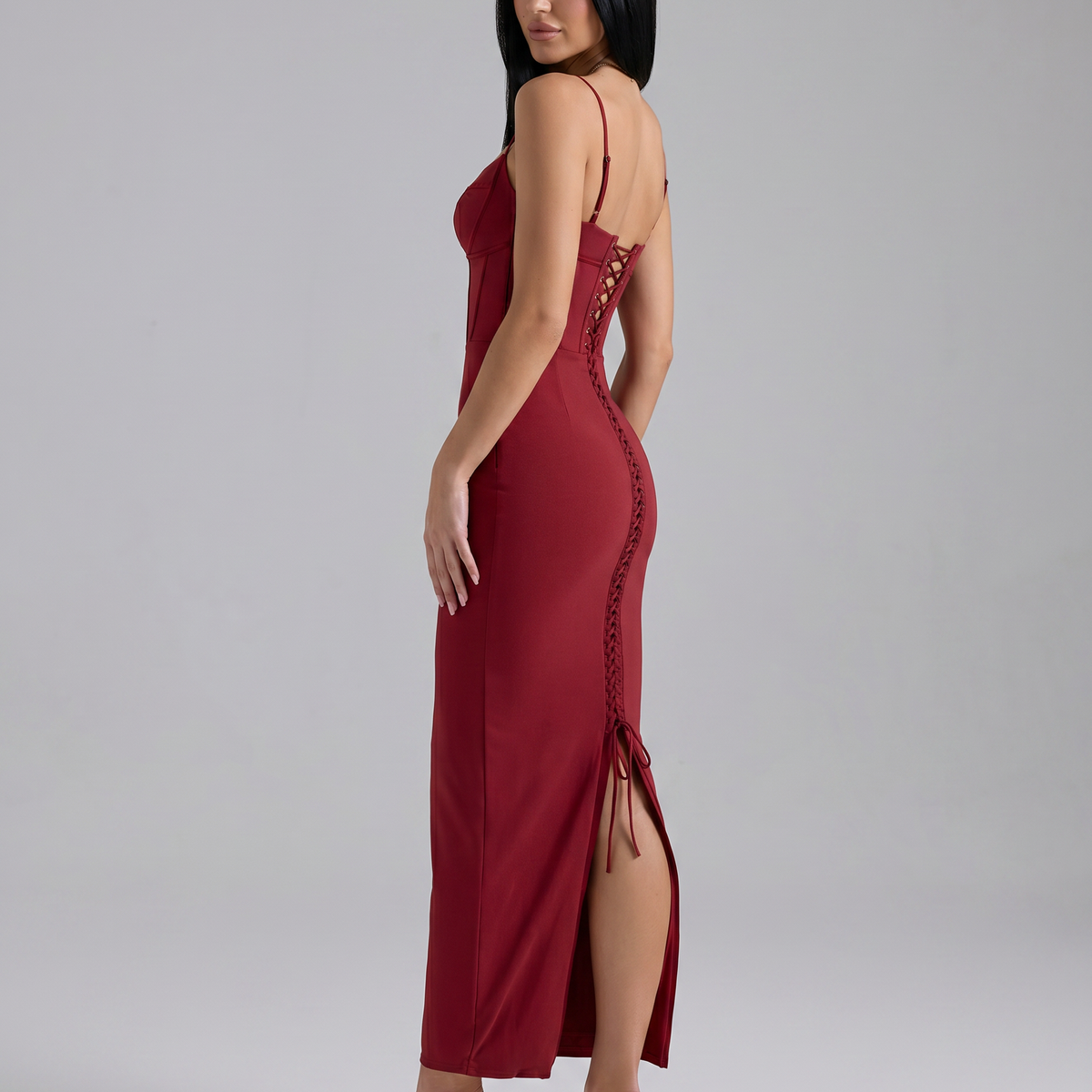 Romola | Mesh Maxi Dress with Corset Bodice and Lace-Up Back