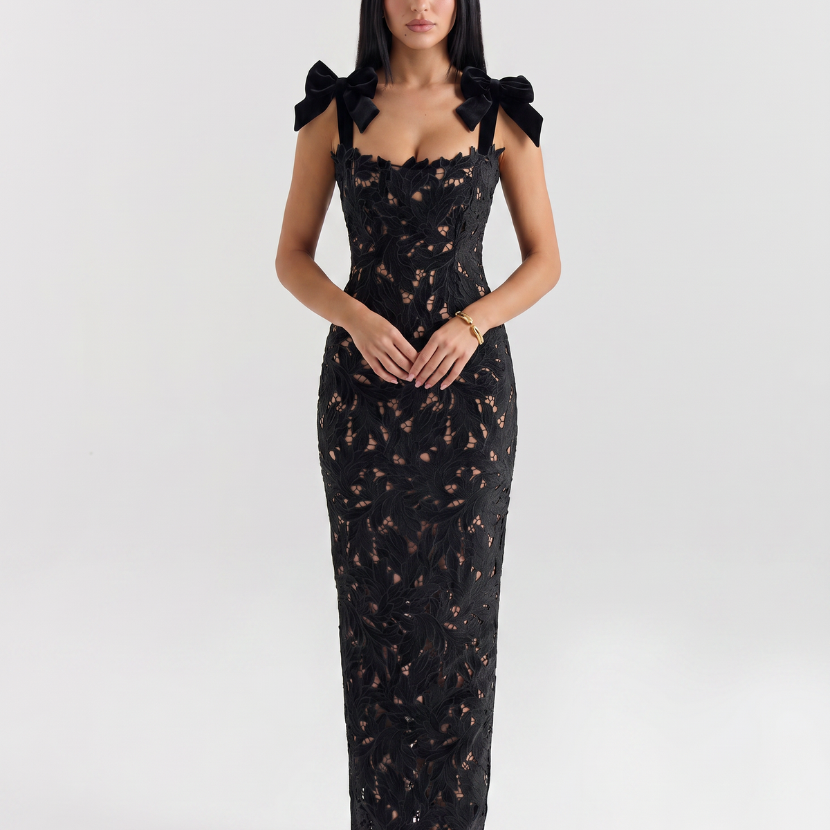 Thalina | Maxi Dress with Lace Overlay and Bow Straps