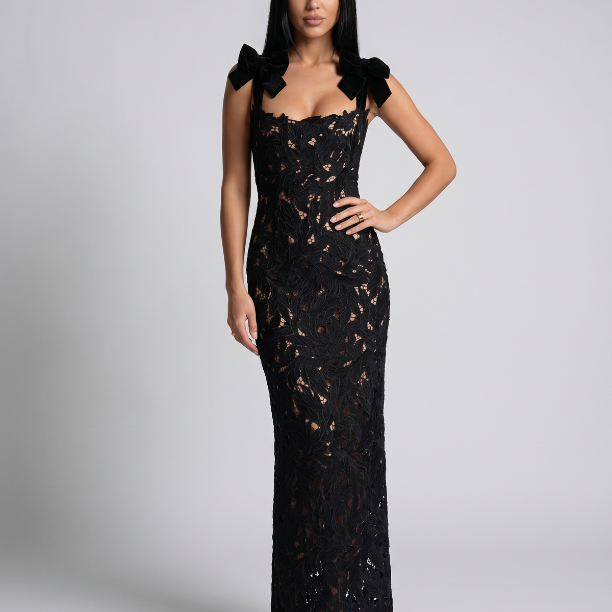 Thalina | Maxi Dress with Lace Overlay and Bow Straps