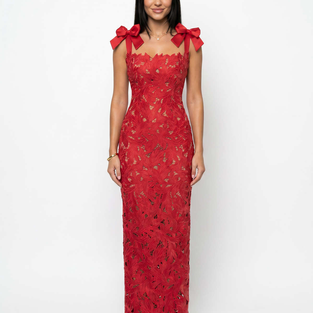 Thalina | Maxi Dress with Lace Overlay and Bow Straps