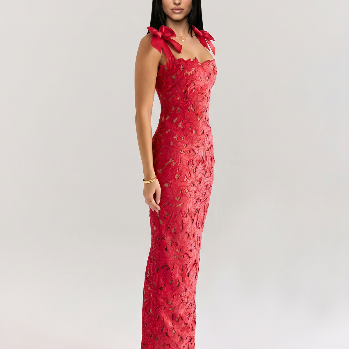 Thalina | Maxi Dress with Lace Overlay and Bow Straps