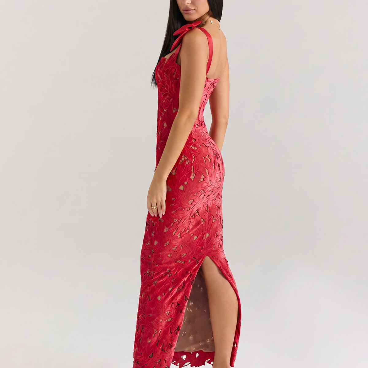 Thalina | Maxi Dress with Lace Overlay and Bow Straps