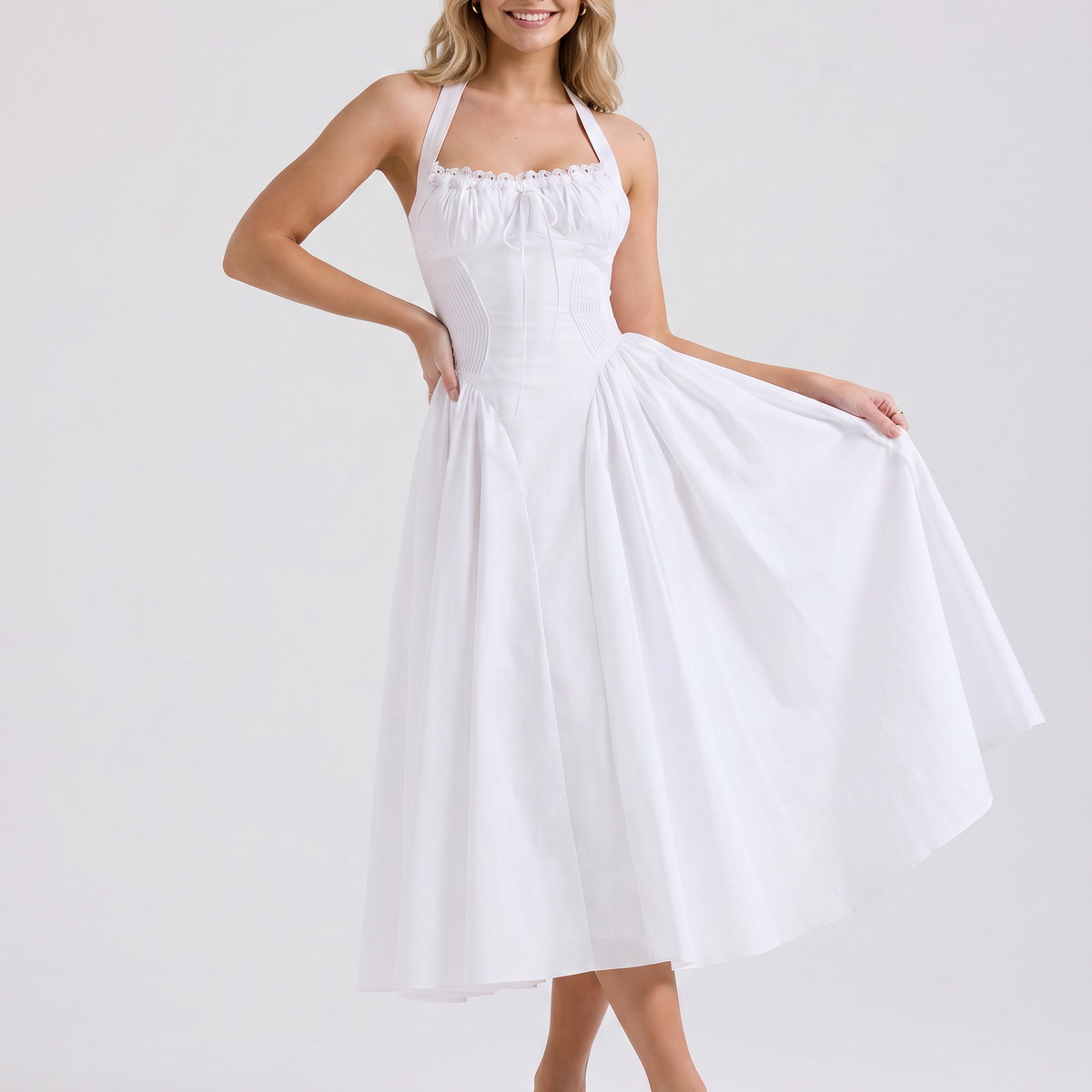 Alba | Midi Dress with Halter Neck and Gathered Bodice