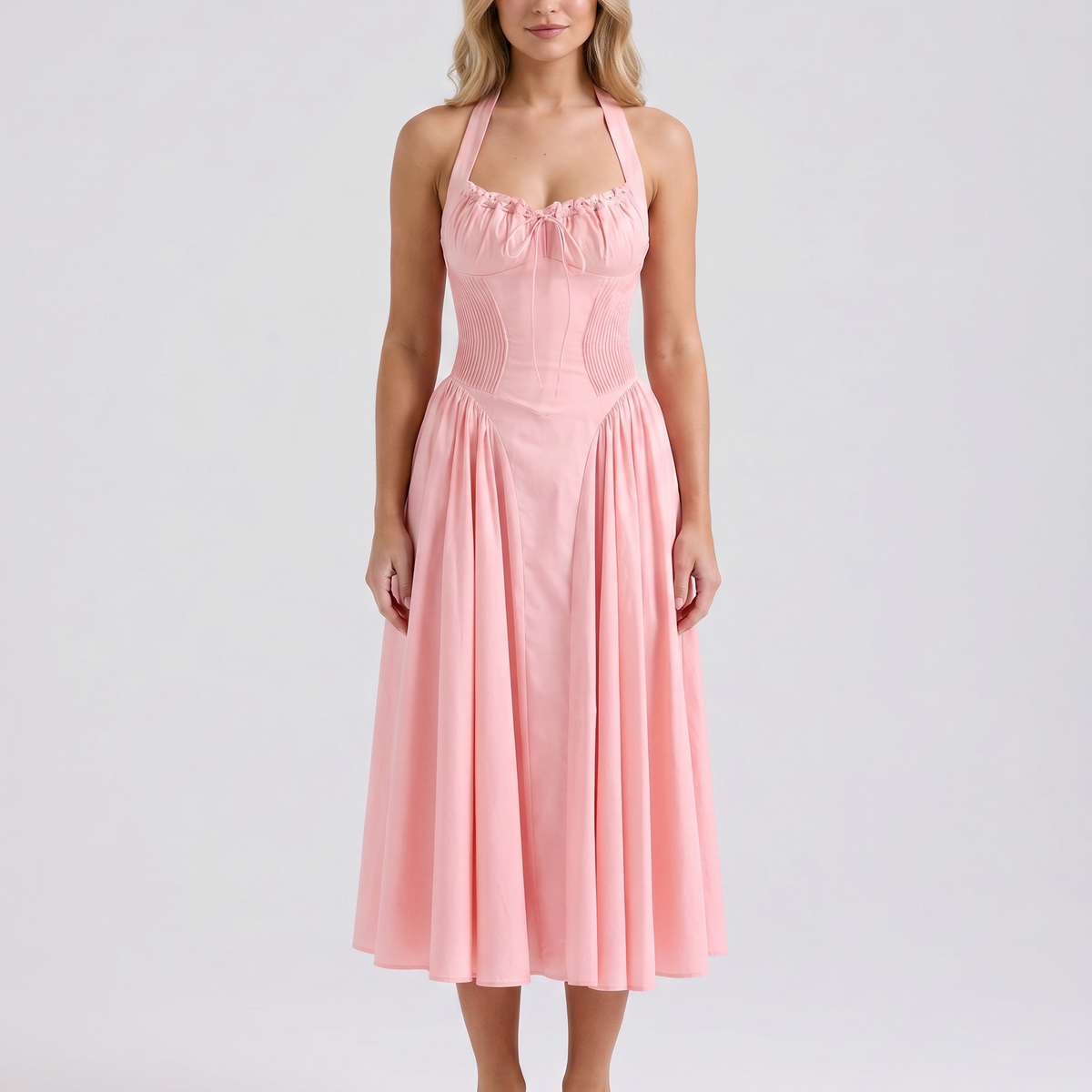 Alba | Midi Dress with Halter Neck and Gathered Bodice