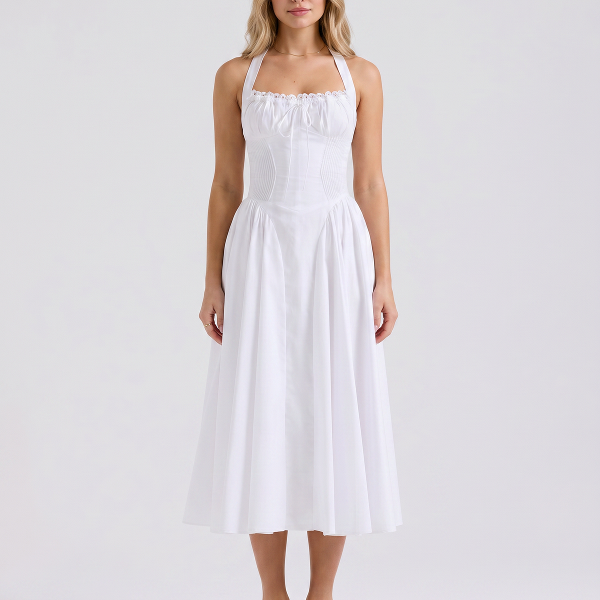 Alba | Midi Dress with Halter Neck and Gathered Bodice