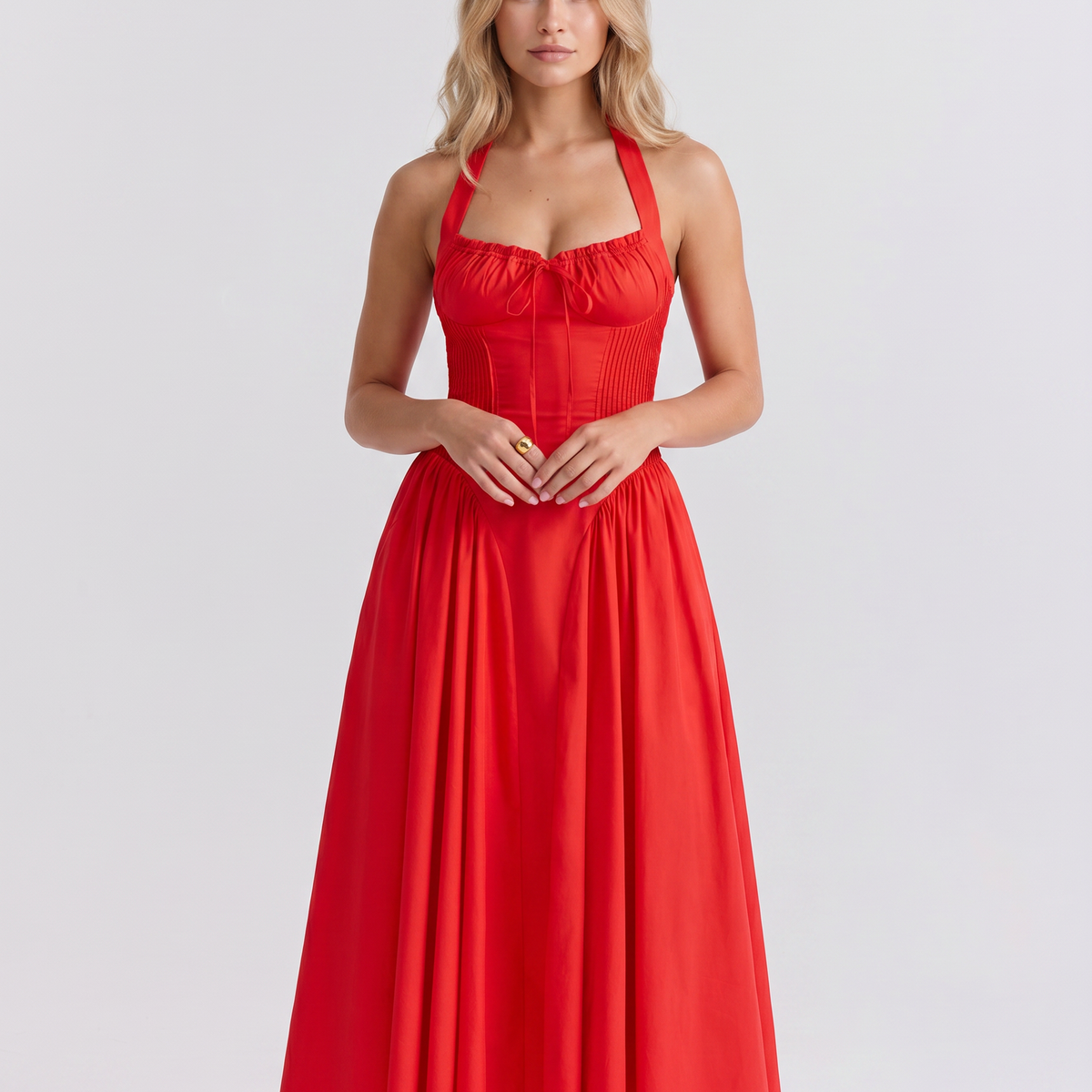 Alba | Midi Dress with Halter Neck and Gathered Bodice