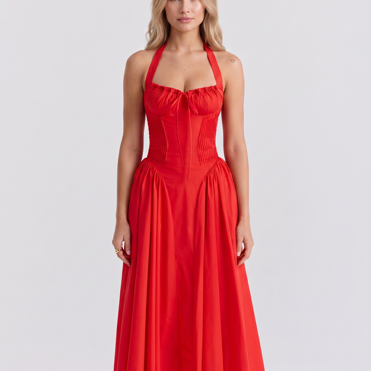 Alba | Midi Dress with Halter Neck and Gathered Bodice