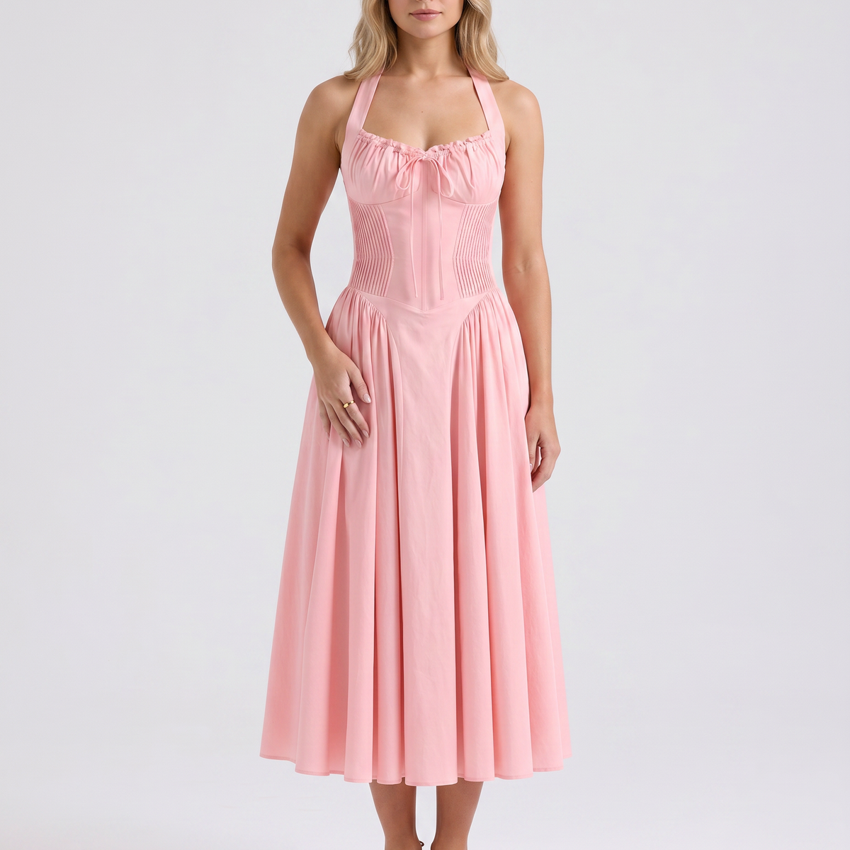 Alba | Midi Dress with Halter Neck and Gathered Bodice