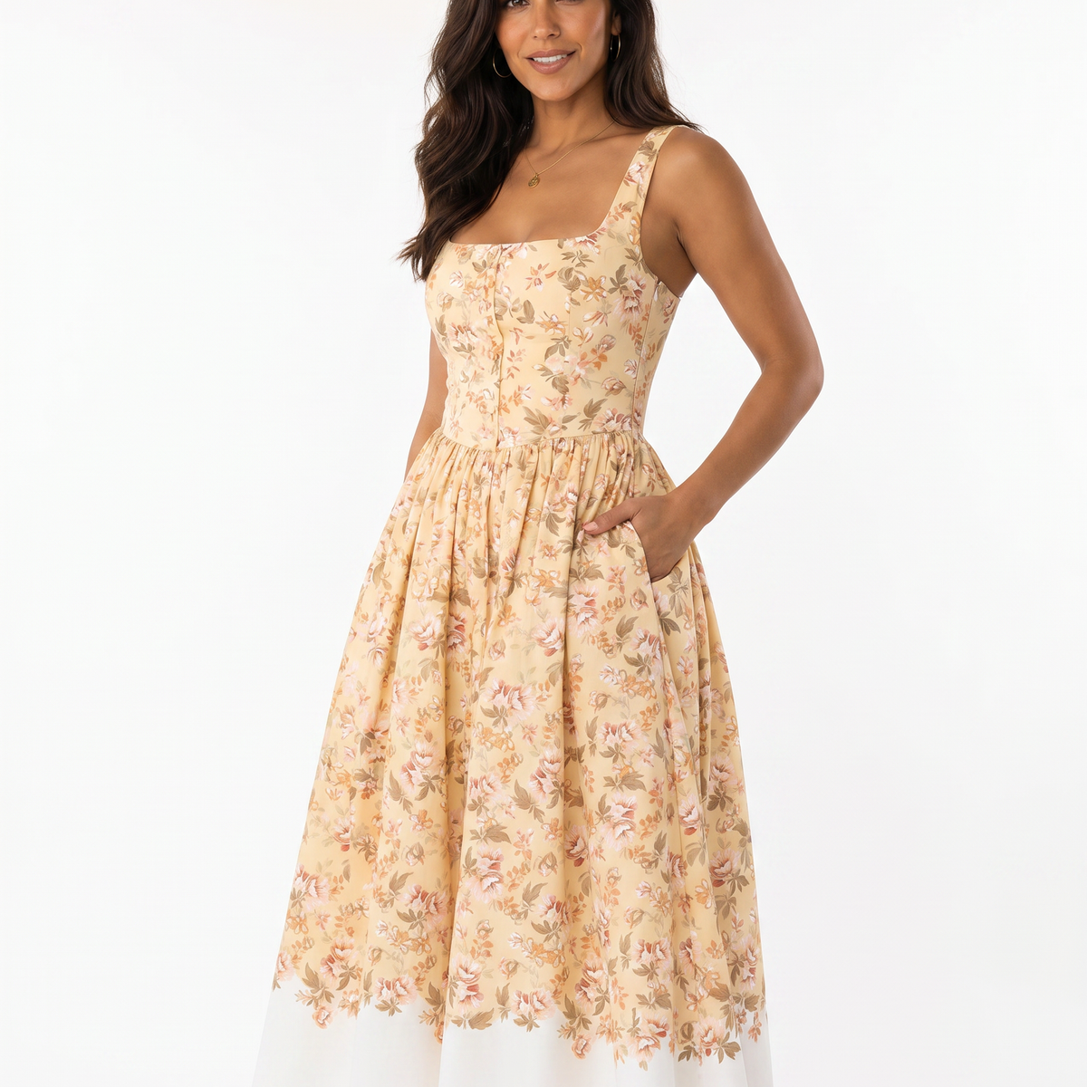 Adalyn | Floral Midi Dress with Gathered Skirt and Tulle Layer
