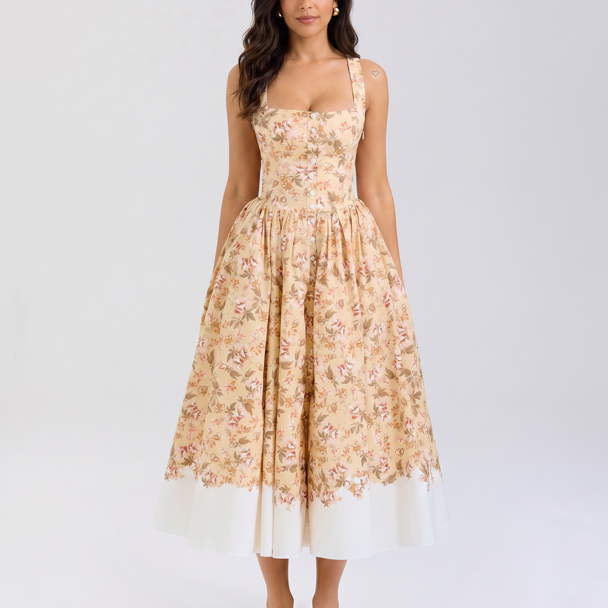 Adalyn | Floral Midi Dress with Gathered Skirt and Tulle Layer