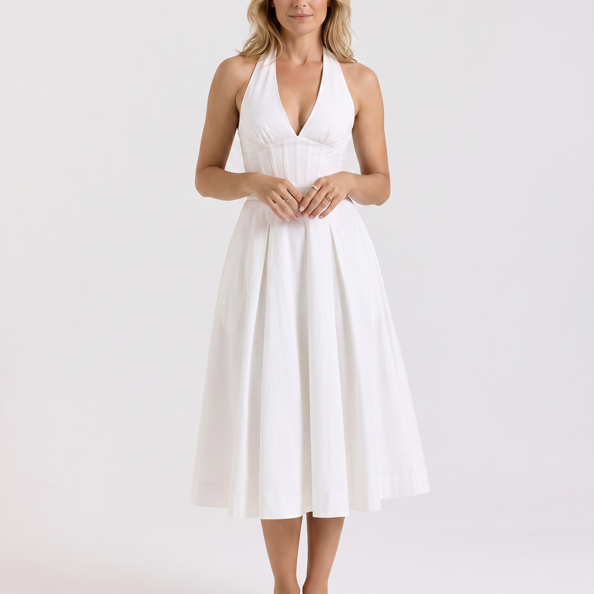 Amaya | Midi Dress with Halter Neck and Pleated Skirt