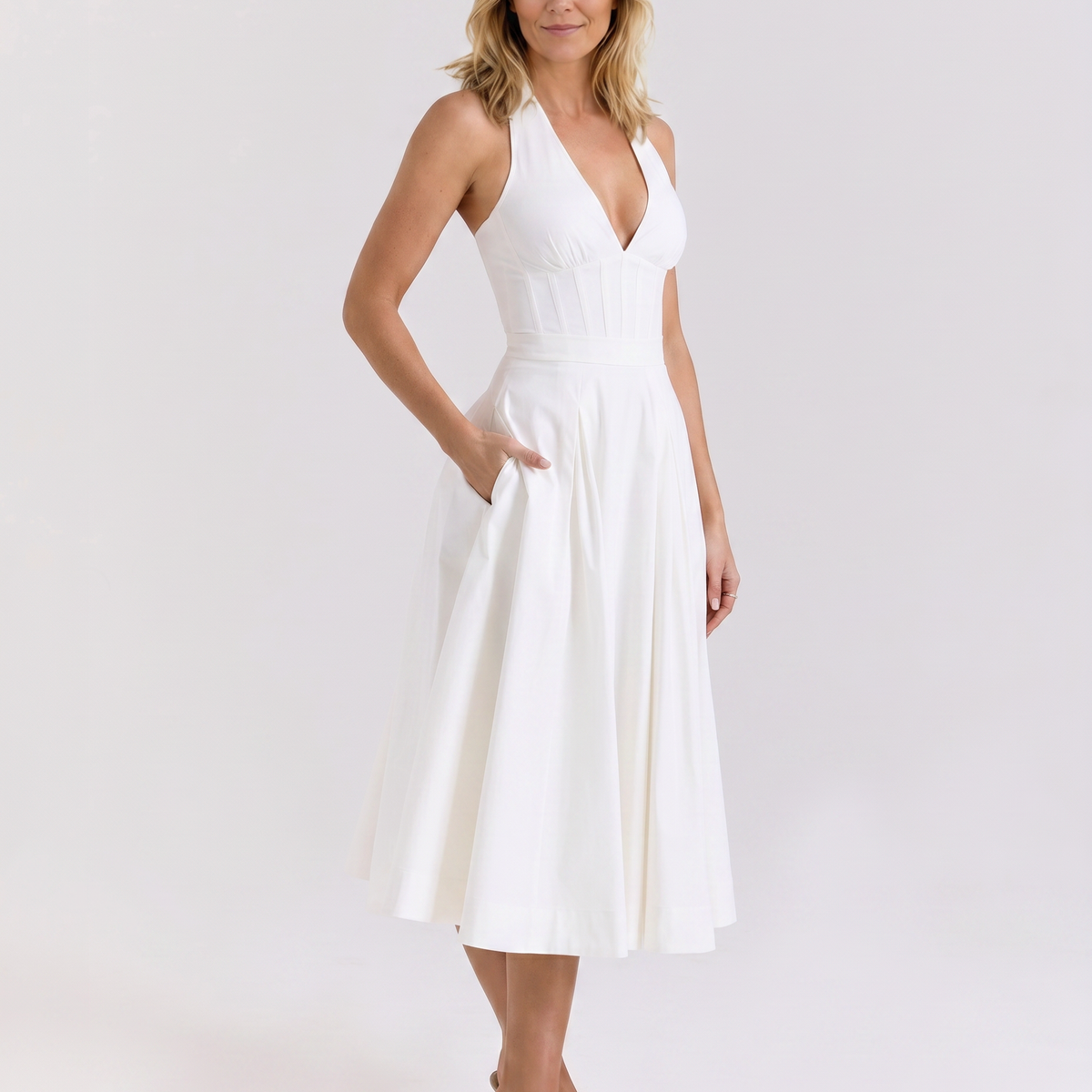 Amaya | Midi Dress with Halter Neck and Pleated Skirt