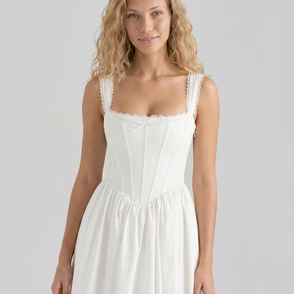 Allena | Midi Dress with Corset Bodice and Lace Trim