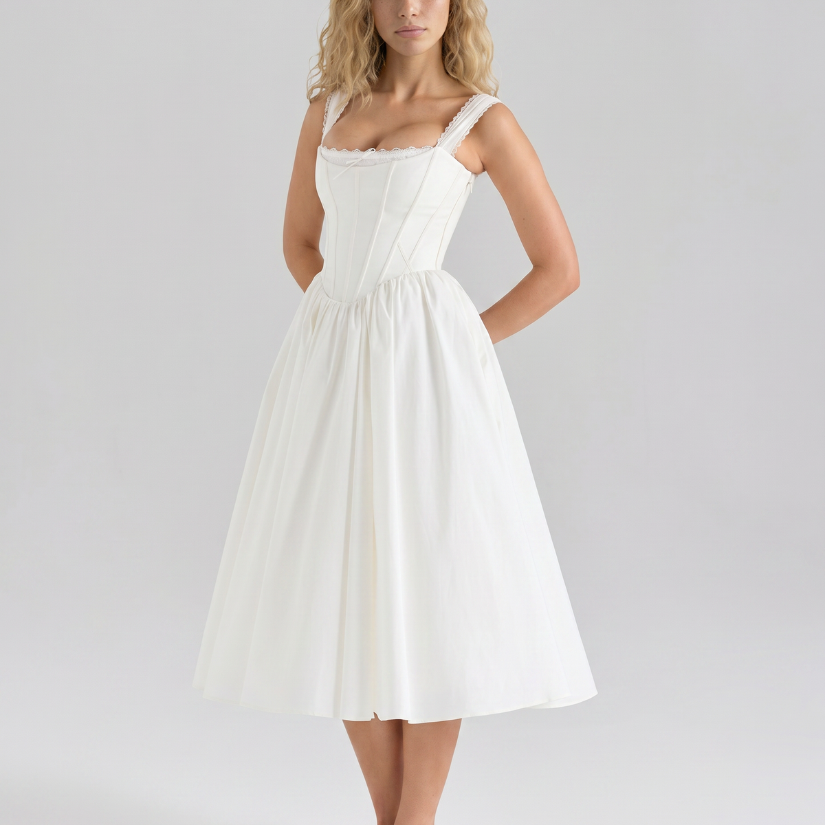 Allena | Midi Dress with Corset Bodice and Lace Trim