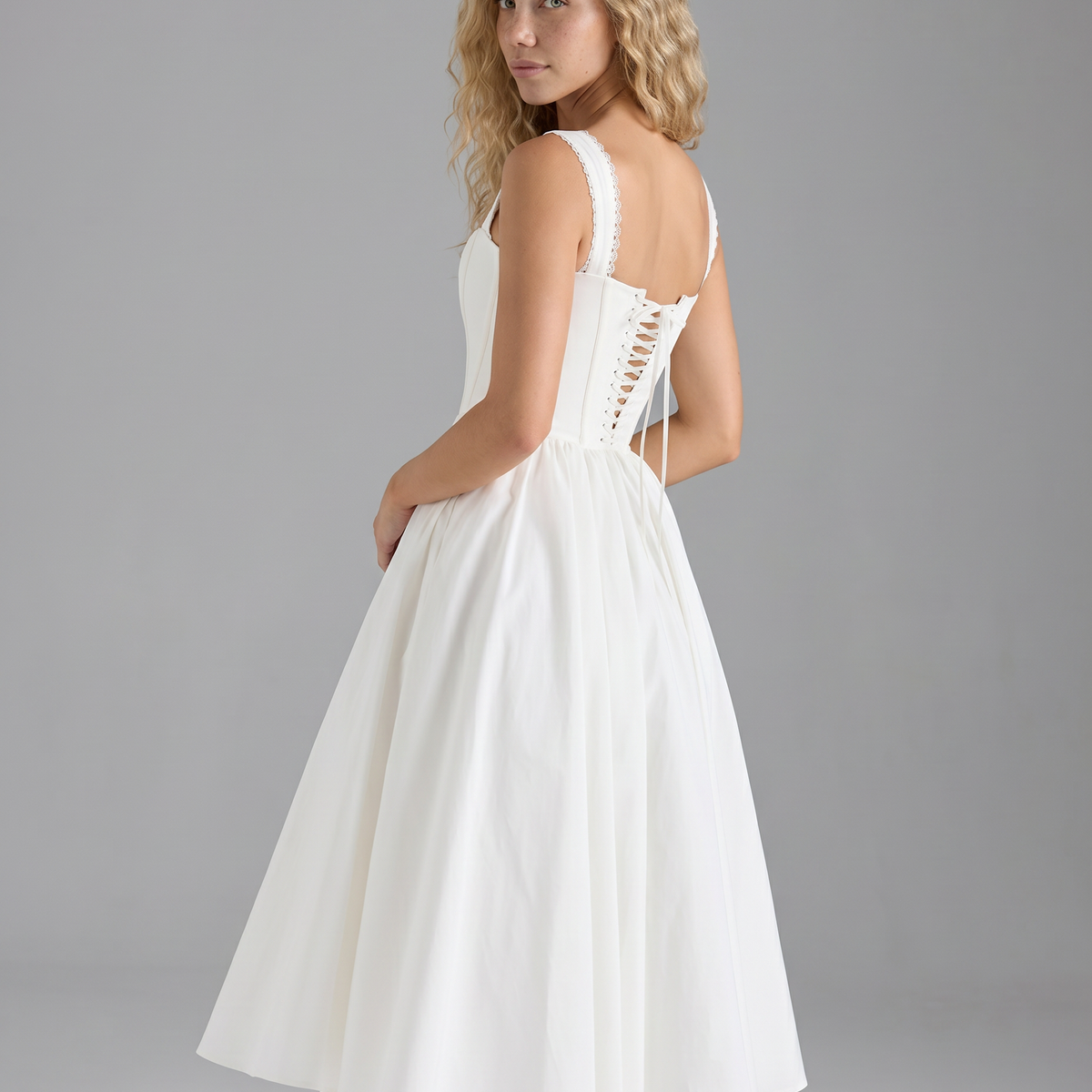 Allena | Midi Dress with Corset Bodice and Lace Trim