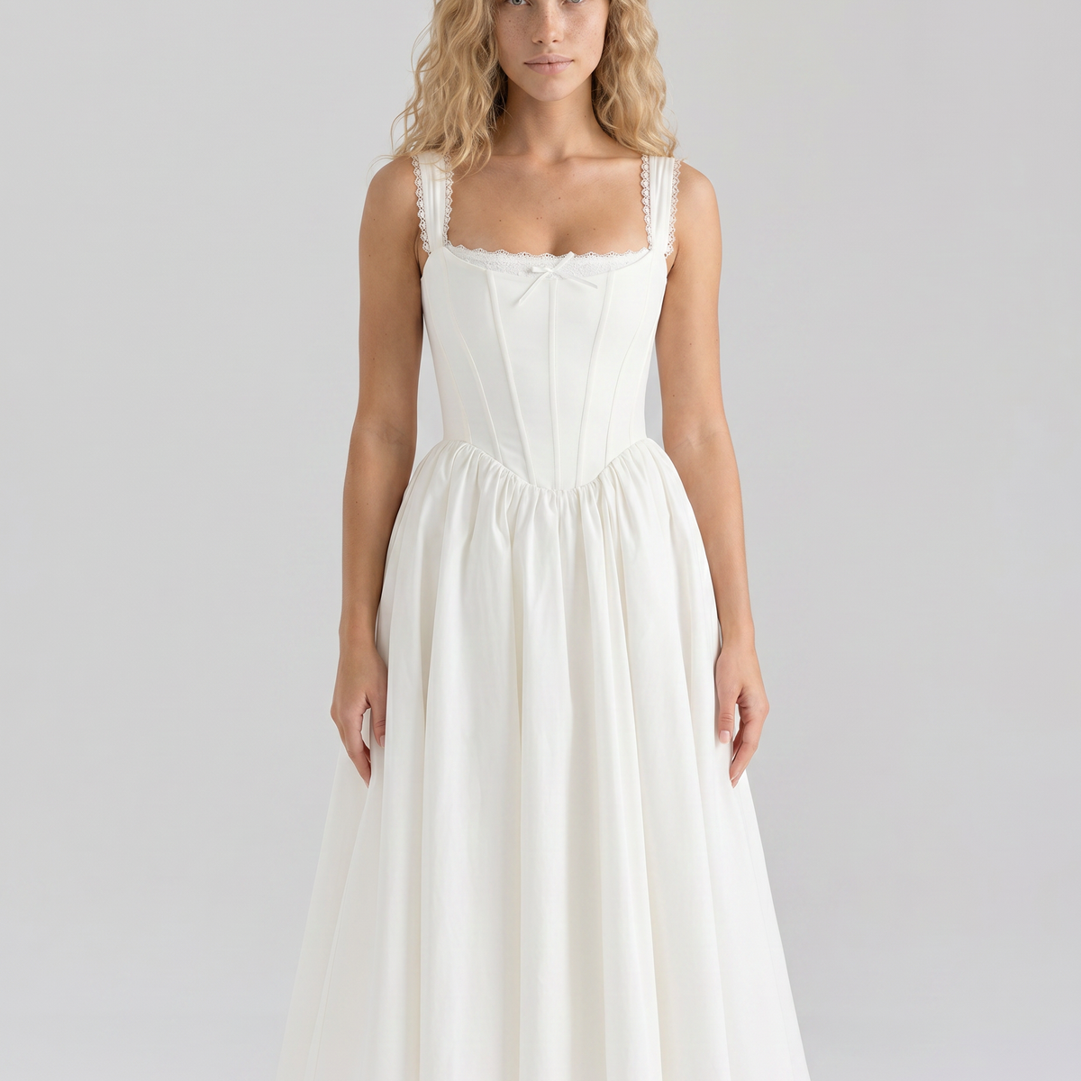 Allena | Midi Dress with Corset Bodice and Lace Trim