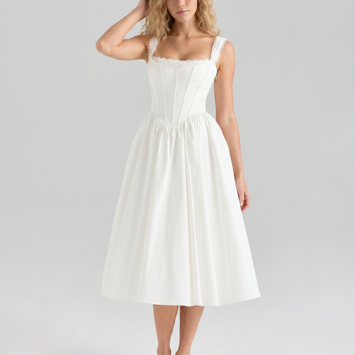 Allena | Midi Dress with Corset Bodice and Lace Trim