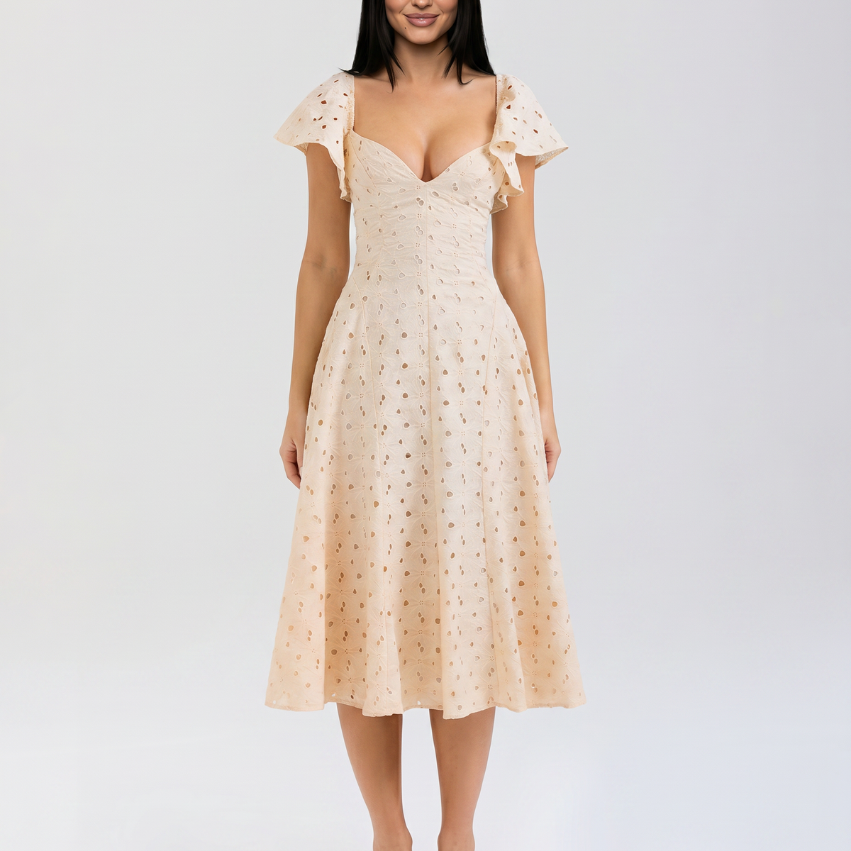 Austen | Floral Midi Dress with Broderie and Butterfly Sleeves